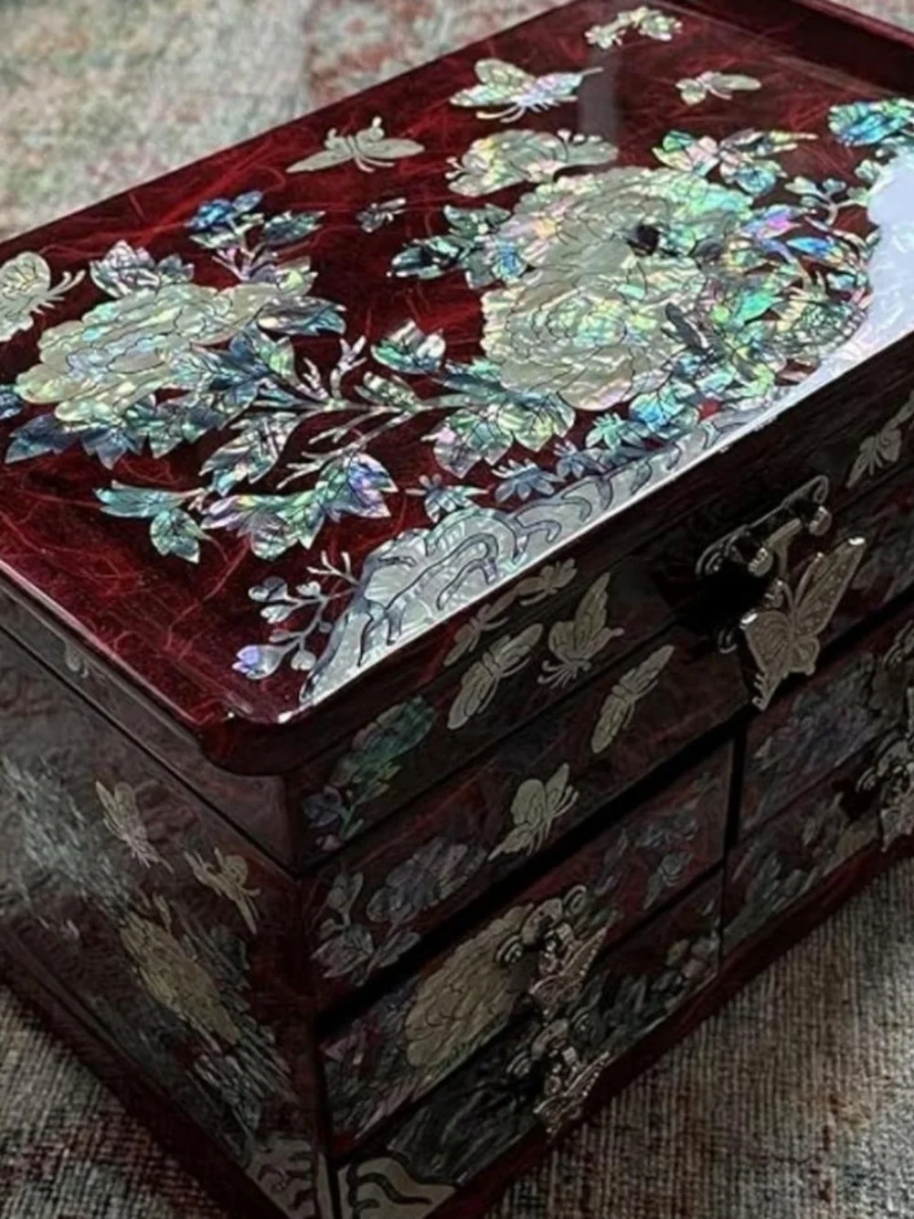 Mother-of-Pearl Inlaid Jewelry Box - Deep Burgundy